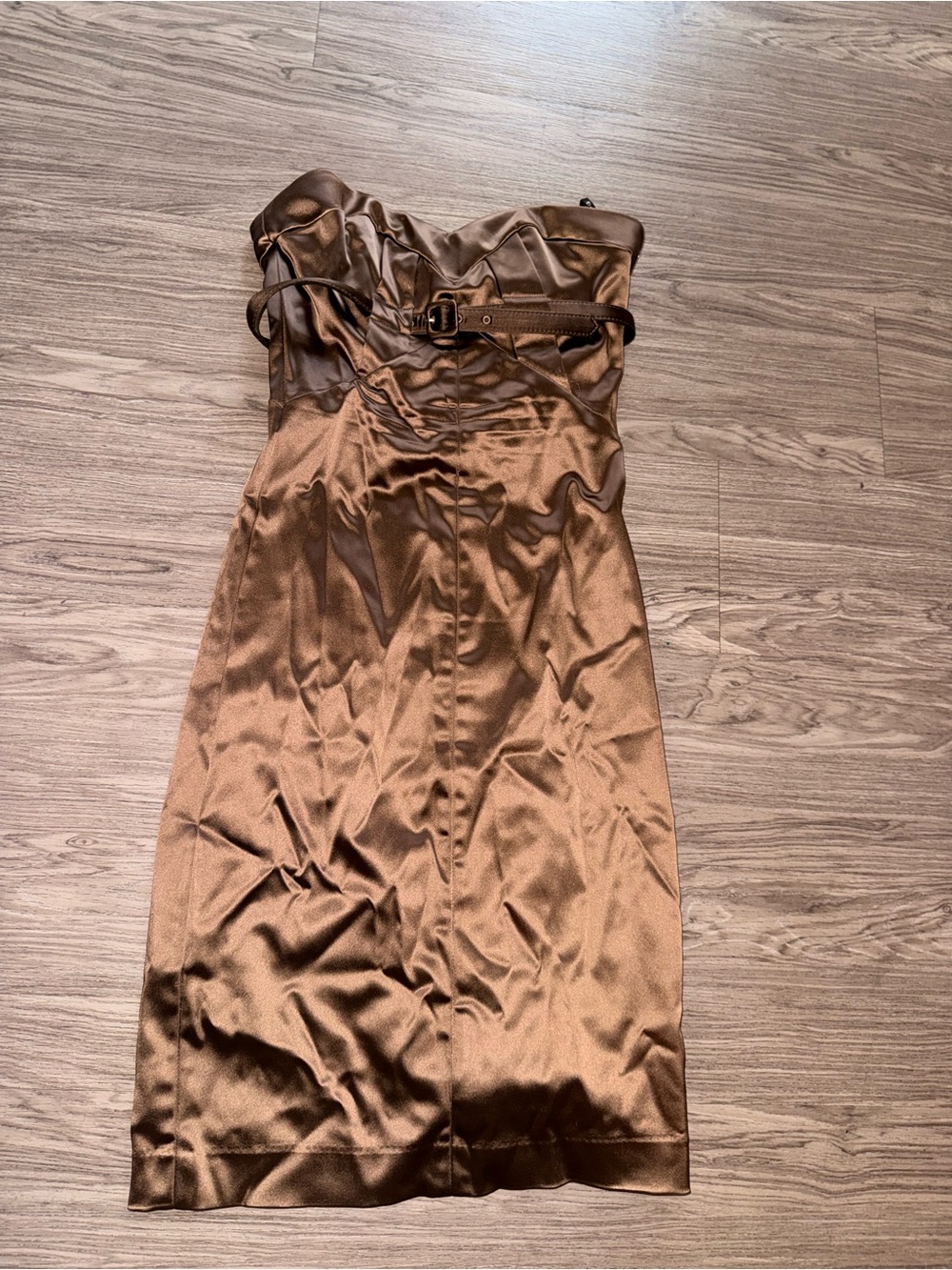 bebe Strapless Satin cocktail Mini Dress in Brown with Belt - Picture 2 of 8